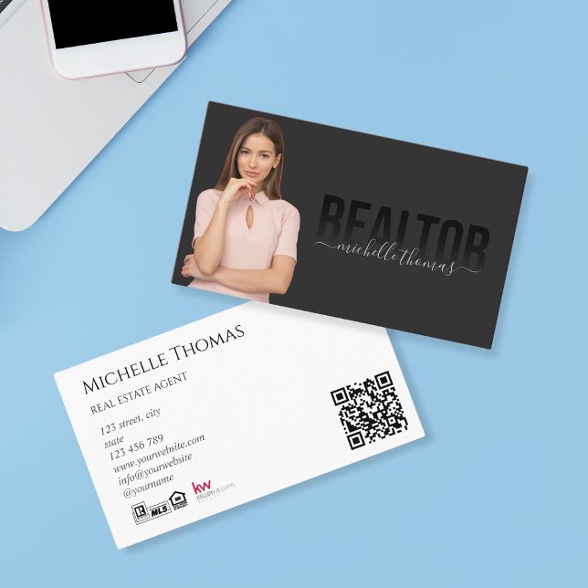 Realtor Real Estate Agent Logo Photo QR Code Business Card (modern realtor typography black )