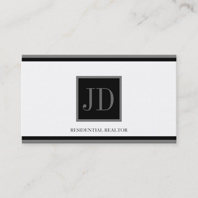 Realtor White Black/Silver Square Monogram Plaque Business Card (Front)