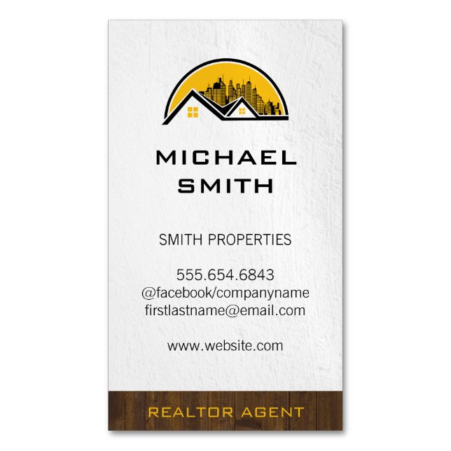 Realtor Wood Trim | Rooftop and Cityscape Magnetic Business Card (Front Vertical)