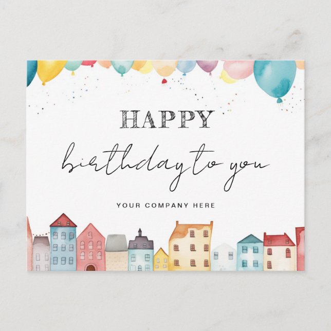 Realty Happy Birthday Watercolor House Balloons Postcard (Front)