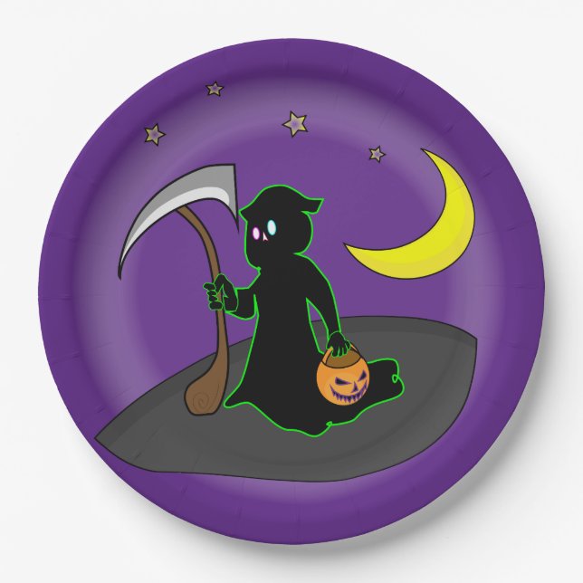 Reaper, Axe, Moon Halloween Paper Plates (Front)