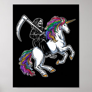 Reaper Riding Unicorn Rainbow Skeleton Halloween  Poster