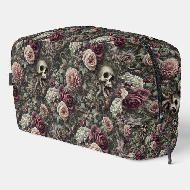 Reaping in the Roses – Gothic Floral Skull Dopp Kit (Right Corner)