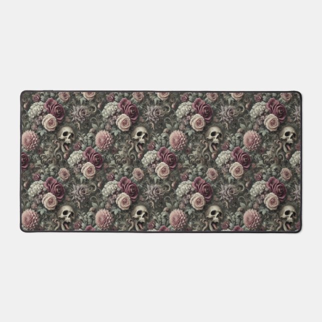 Reaping in the Roses – Gothic Skull Floral  Desk Mat (Front)