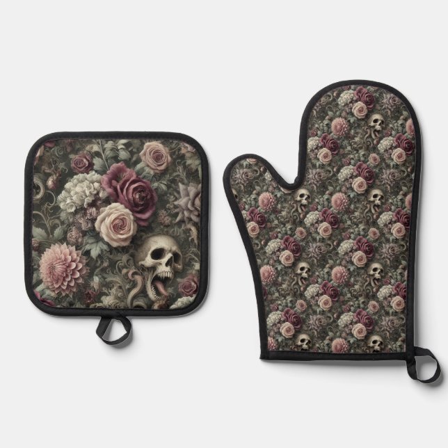 Reaping in the Roses – Gothic Victorian Oven Mitt & Pot Holder Set (Front)