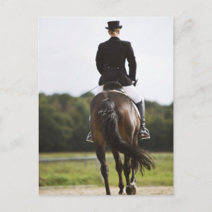 rear view of female dressage rider exercising postcard