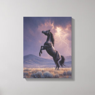 Rearing Black Horse Thunderstorm Art Canvas Print
