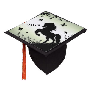Rearing Black Stallion Green Graduation Cap Topper
