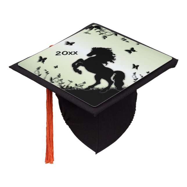 Rearing Black Stallion Green Year Graduation Cap Topper (Angled)