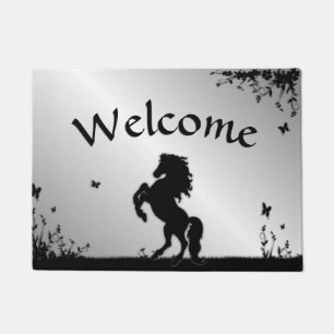 Rearing Black Stallion / Horse on Silver Doormat