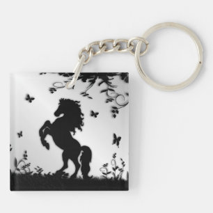 Rearing Black Stallion / Horse on Silver Keychain