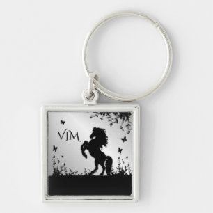 Rearing Black Stallion / Horse on Silver Monogram Keychain