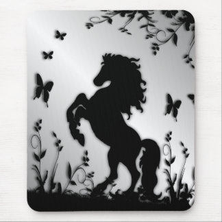 Rearing Black Stallion / Horse on Silver Mouse Pad