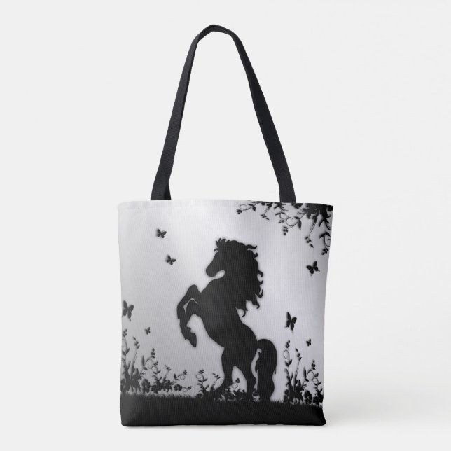 Rearing Black Stallion / Horse on Silver Tote Bag (Back)