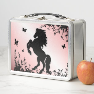 Rearing Black Stallion Pink Metal Lunch Box
