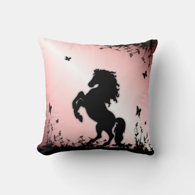 Rearing Black Stallion Pink Throw Pillow (Front)