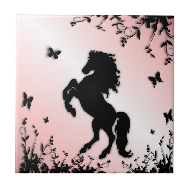 Rearing Black Stallion Pink Tile (Front)