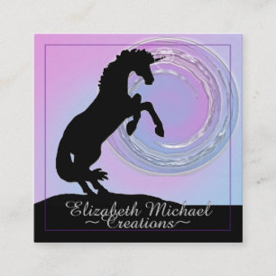Rearing Black Unicorn (pink swirl moon) Square Business Card