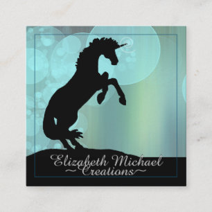 Rearing Black Unicorn (teal bubbles) Square Business Card