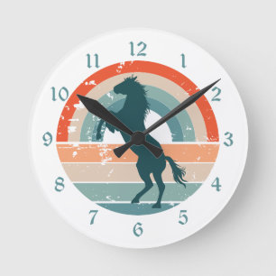 Rearing Blue Horse Retro Rainbow Round Clock