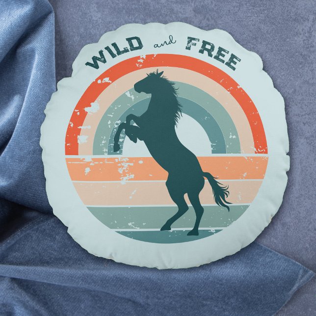 Rearing Blue Horse Retro Rainbow Wild Free Round Pillow (Creator Uploaded)