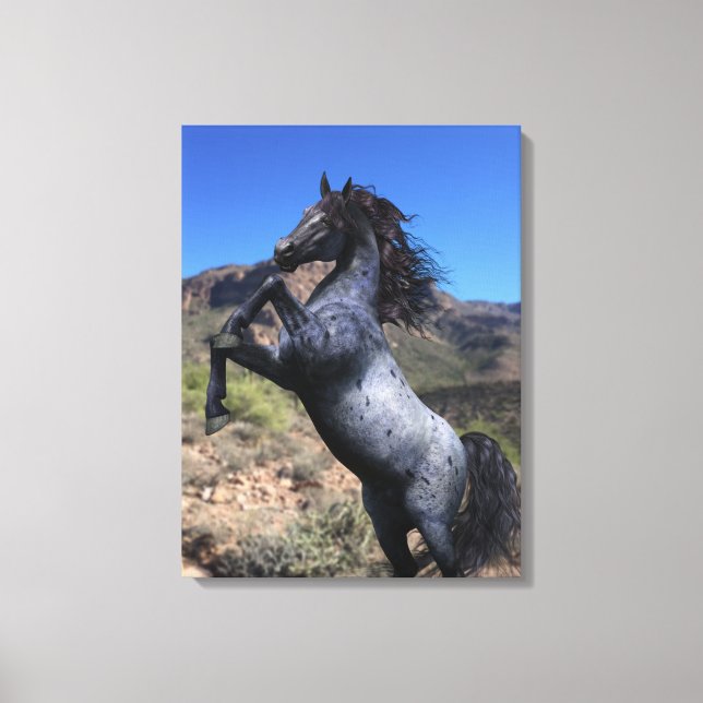 Rearing Blue Roan Horse in the Desert Canvas Print (Front)