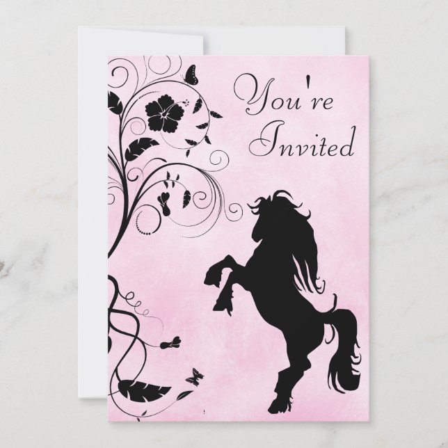 Rearing Horse and Flowers Pink Birthday Invitation (Front)