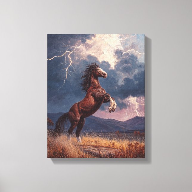 Rearing Horse Lightning Storm Painting Canvas Print (Front)