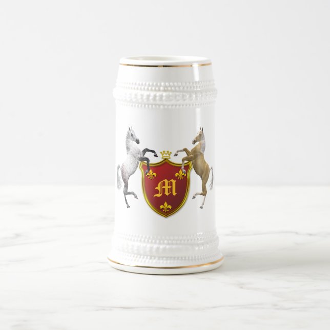 Rearing horses with a heraldic shield, monogrammed beer stein (Center)