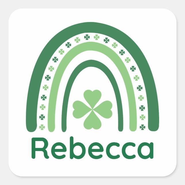 Rebecca Name Clover Boho Rainbow Square Sticker (Front)