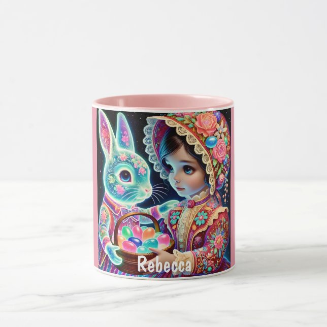 REBECCA ~ Vintage Girl Eggs Bunny~ Mug (Center)