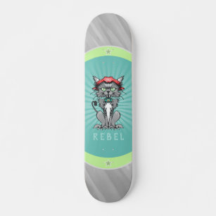 Rebel Cat Design Grey, Teal & Lime Green Skateboar Skateboard