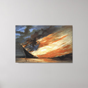 Rebel Civil War flagship on Fire of American flag Canvas Print