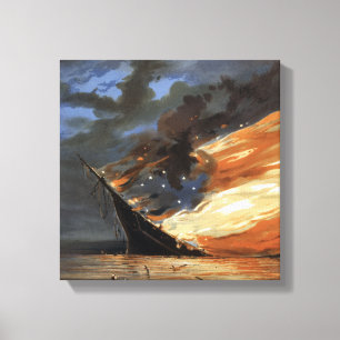 Rebel Civil War flagship on Fire of American flag Canvas Print