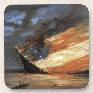 Rebel Civil War flagship on Fire of American flag  Coaster