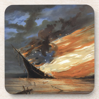 Rebel Civil War flagship on Fire of American flag Coaster