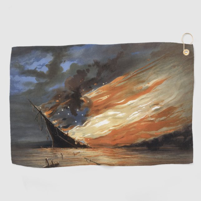 Rebel Civil War flagship on Fire of American flag  Golf Towel (Horizontal)