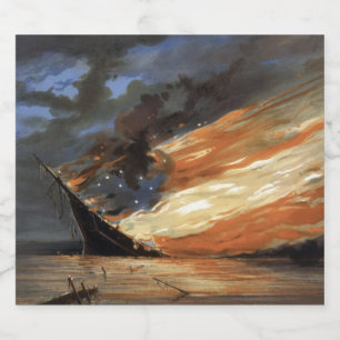 Rebel Civil War flagship on Fire of American flag Liquor Bottle Label
