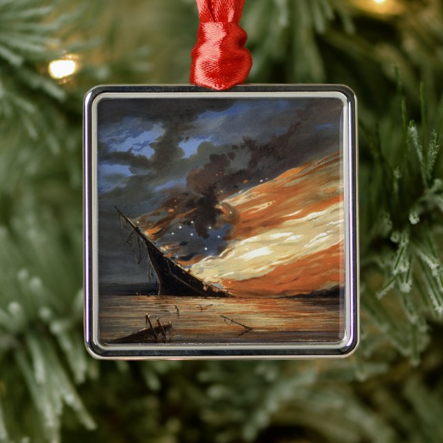 Rebel Civil War flagship on Fire of American flag  Metal Ornament (Tree)