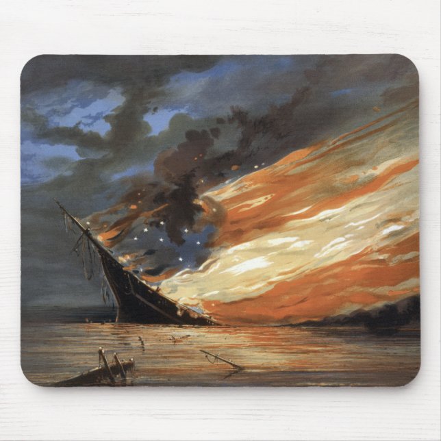 Rebel Civil War flagship on Fire of American flag  Mouse Pad (Front)