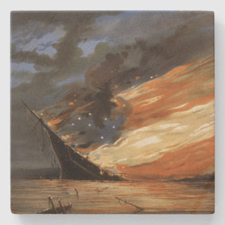 Rebel Civil War flagship on Fire of American flag  Stone Coaster
