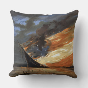 Rebel Civil War flagship on Fire of American flag Throw Pillow