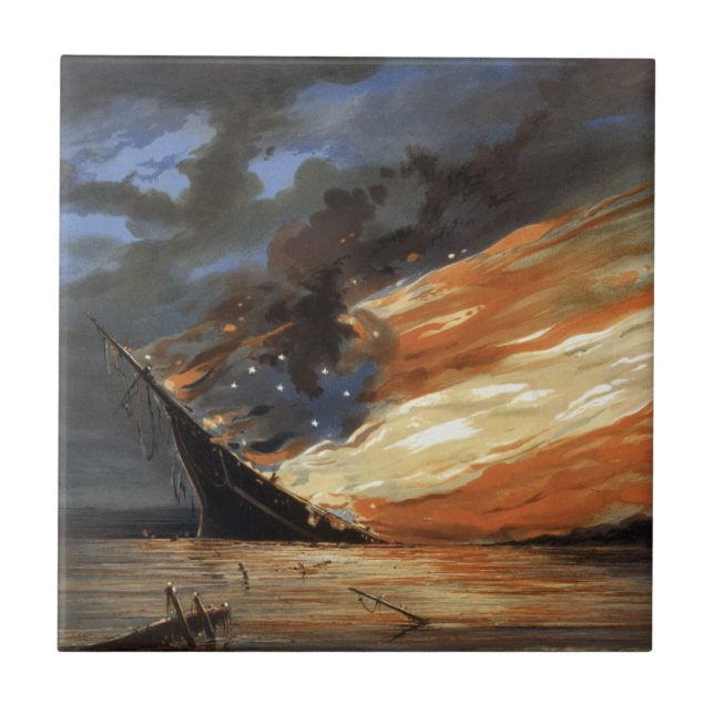 Rebel Civil War flagship on Fire of American flag  Tile (Front)