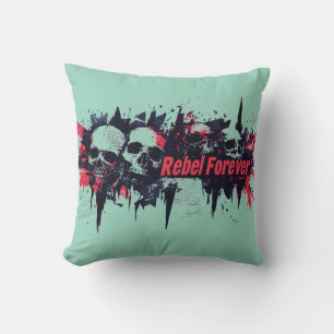 "Rebel Forever" - Edgy Skull Graphic Design Throw Pillow