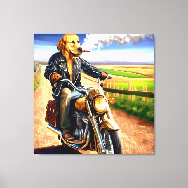 Rebel Rider: Golden Retriever on the Open Road Canvas Print (Front)