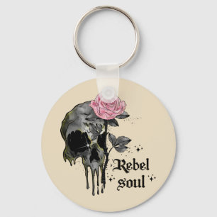 Rebel Soul - Gothic Skull with Pink Rose Keychain