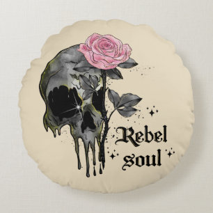 Rebel Soul - Gothic Skull with Pink Rose Round Pillow