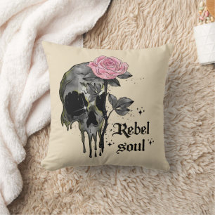 Rebel Soul - Gothic Skull with Pink Rose Throw Pillow
