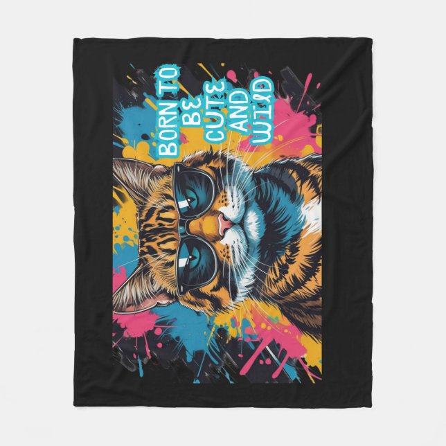 Rebel striped cat with glasses and urban style fleece blanket (Front)