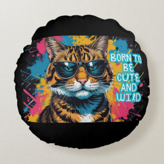 Rebel Tigrad Cat With Mob-Style and Urban Glasses Round Pillow